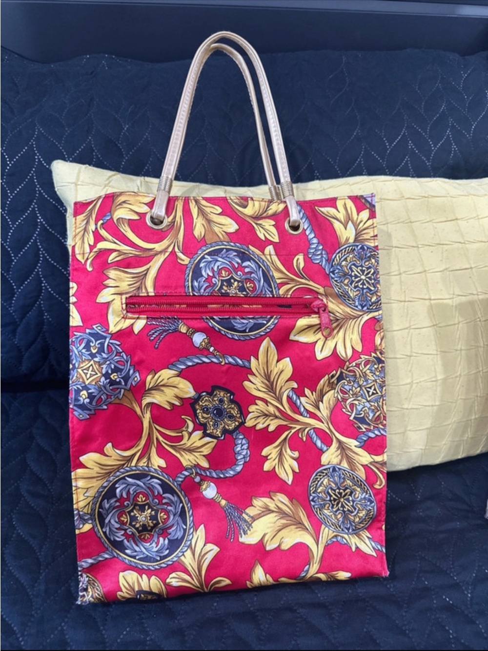 Red Baroque Print Tote Bag - with front zipper pocket - very good condition